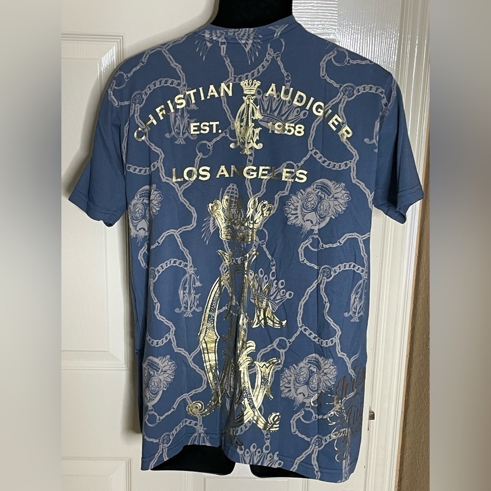 Christian Audigier Shirt Mens Medium Blue Skull Wings Rhinestone All Over Print - Picture 4 of 10